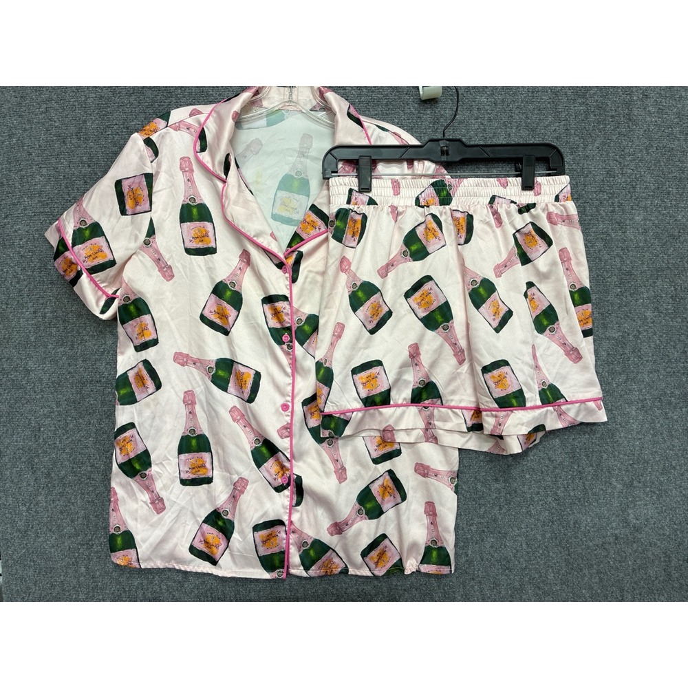 Champagne Bottle Pink Satin-like PJ Pajama Set Short Sleeve Shorts Medium